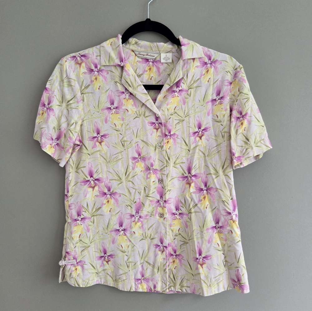 Tommy Bahama Hawaiian Floral Orchid Silk Short Sleeve Button Up Shirt‎ Size XS